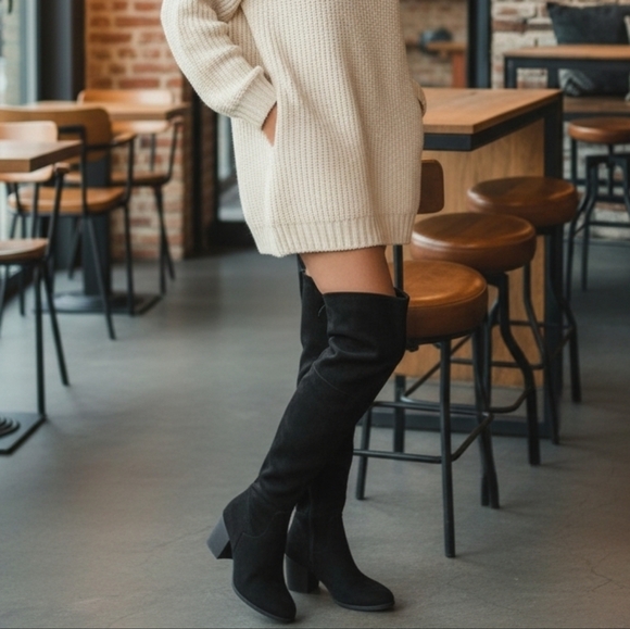 BP NORDSTROM Black Over the Knee Boots 6 LUKE Black Vegan Suede Fold Down - Picture 2 of 13